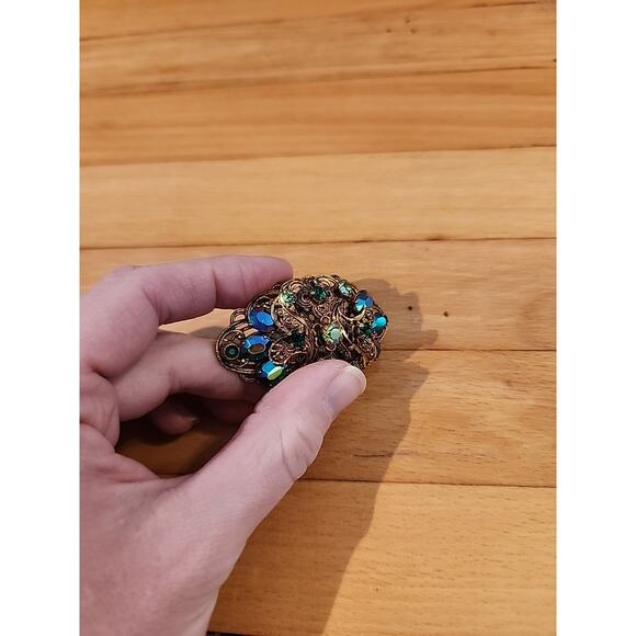Vtg West Germany Filigree Blue Green Glass Rhinestone Brooch Gold Tone - Picture 3 of 5